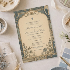 Sikh Wedding Invitation Template | Anand Karaj, Punjabi, Mughal Arch, Floral (Digital Download)