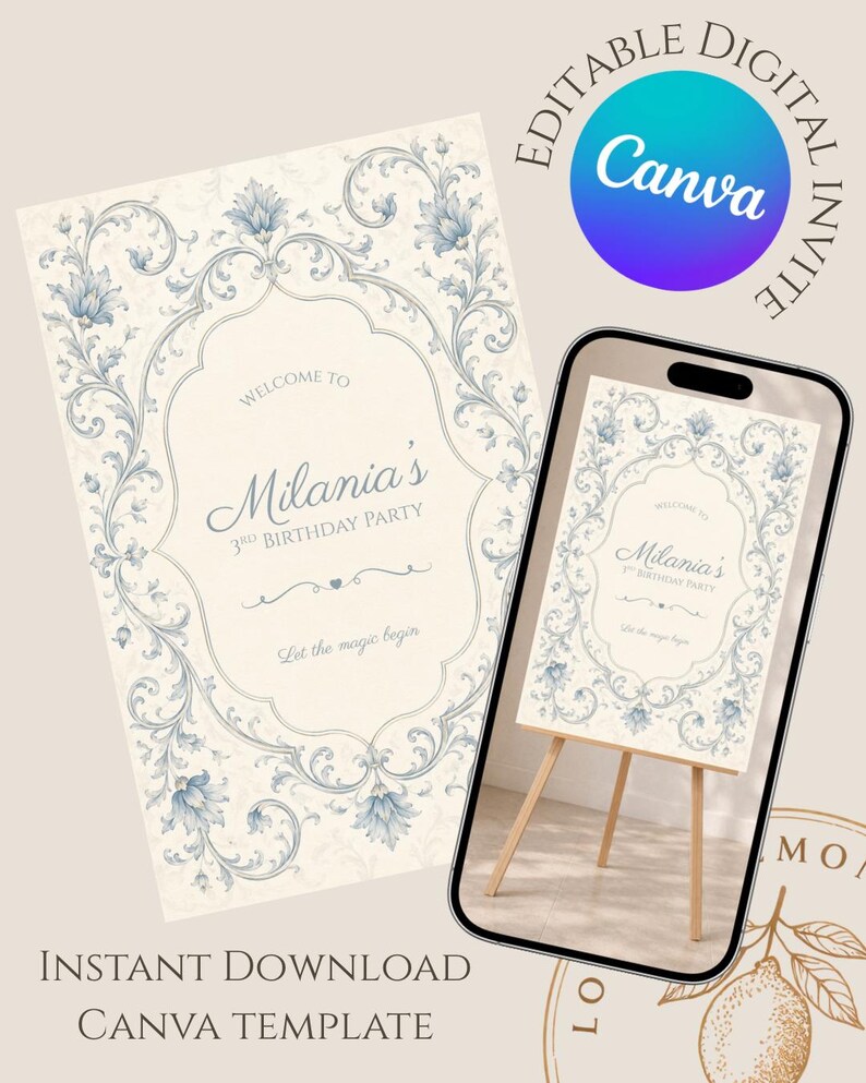 blue-vintage-floral-birthday-welcome-sign-elegant-party-entrance