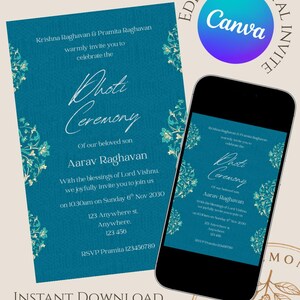 May include: A teal digital invitation for a 'Dhoti Ceremony' with ornate floral accents. The invitation includes event details, names, and RSVP information. The design is also displayed on a smartphone screen. The text reads "Instant Download Canva Template."