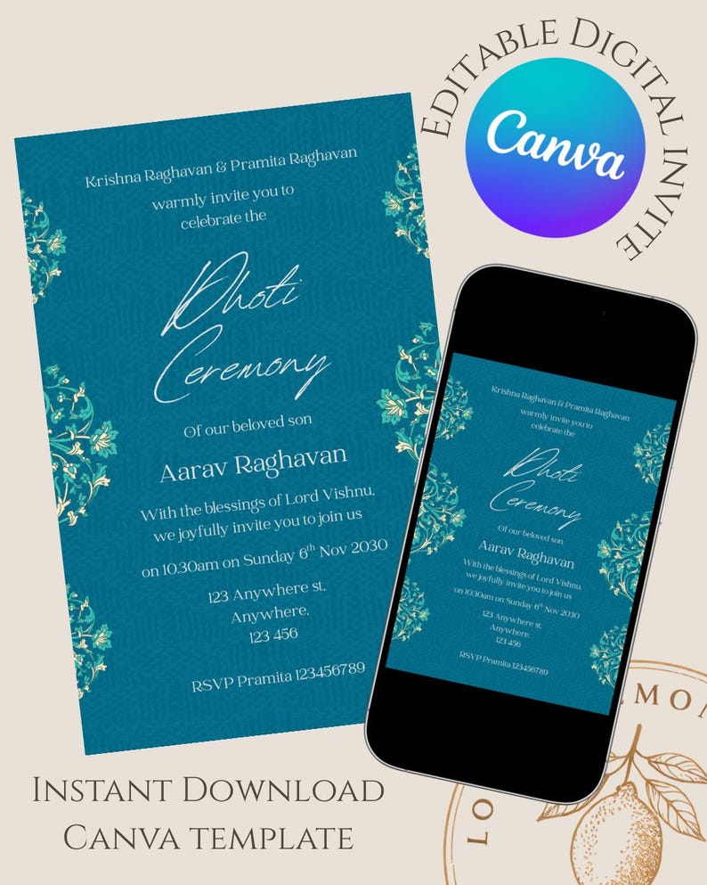 May include: A teal digital invitation for a 'Dhoti Ceremony' with ornate floral accents. The invitation includes event details, names, and RSVP information. The design is also displayed on a smartphone screen. The text reads "Instant Download Canva Template."