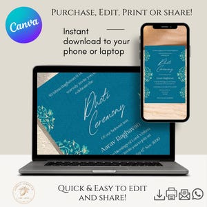 May include: A laptop and smartphone display a teal invitation design for a "Dhoti Ceremony." The invitation features floral accents and the text "Dhoti Ceremony" and "Aarav Raghavan." The image includes the Canva logo and text: "Purchase, Edit, Print or Share!"