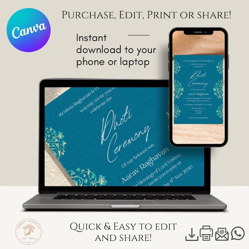 May include: A laptop and smartphone display a teal invitation design for a "Dhoti Ceremony." The invitation features floral accents and the text "Dhoti Ceremony" and "Aarav Raghavan." The image includes the Canva logo and text: "Purchase, Edit, Print or Share!"