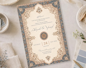 May include: A rectangular Nikkah ceremony invitation card featuring a cream-coloured centre with dark blue and gold ornate floral border patterns. The text includes the names Aliyah and Yusuf, the date Saturday, May 24, 2030, and event details.