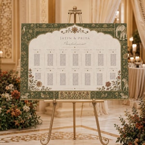May include: A rectangular wedding seating chart on a gold metal easel. The chart features a cream centre with the text JATIN & PRIYA and a green border decorated with floral patterns, elephants, and birds. It lists tables 01 through 14.
