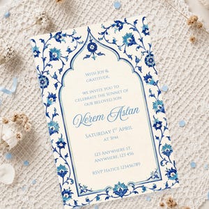 May include: An invitation card with a cream background and blue floral design. The text reads "With Joy & Gratitude" and invites guests to celebrate "Kerem Aslan" on April 1st at 3 PM. RSVP details are included.
