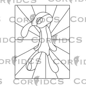 May include: Black and white line art of a cartoon character in a stained glass style. The character has a rounded head, long body, and flowing appendages. The background features radiating lines.