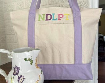 Needlepoint Canvas Tote Bag | Personalized Monogram Tote | Embroidered Alphabet Bag | Lavender or Pink Tote | Handmade Gift