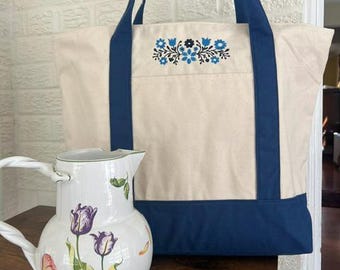 Navy Blue Canvas Tote Bag | Blue Floral Embroidered Tote | Handmade Market Bag | Preppy Everyday Tote | Floral Gift for Her