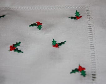 Holly Embroidered Linen Cocktail Napkins Set of 4 – Handmade Bar Cart Accessories – Gift Ready