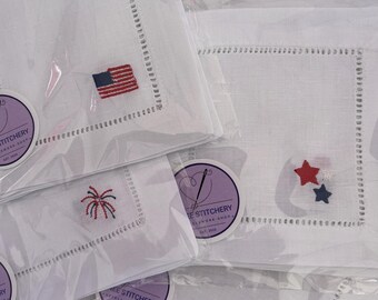 Fourth of July Embroidered Cocktail Napkins Linen- Set of 4