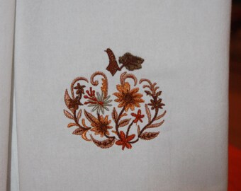 Fall Pumpkin Embroidered Linen Tea Towel: Fall Kitchen Decor