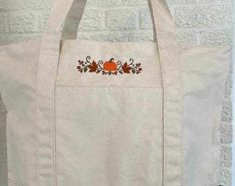 Fall Pumpkin Canvas Tote Bag | Autumn Embroidered Market Bag | Thanksgiving Tote | Vintage Fall Tote | Pumpkin Grocery Bag