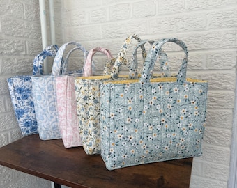 Handmade Quilted Tote Bag | Floral Fabric Tote with Interior Pocket & Key Clip | Everyday Carryall Bag | Gift for Her | Handmade Purse