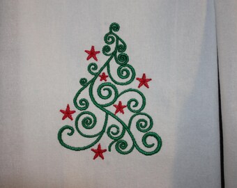 Christmas Tree Embroidered Linen Tea Towel