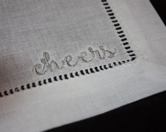 Cheers Embroidered Linen Cocktail Napkins Set of 4 – Handmade Bar Cart Accessories – Gift Ready