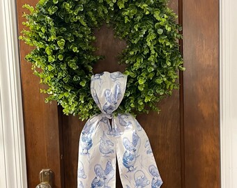 Blue Chicken Toile Wreath Sash | Farmhouse Rooster Bow, French Country Door Decor