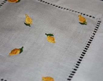 Lemon Embroidered Linen Cocktail Napkins Set of 4 – Handmade Bar Cart Accessories – Gift Ready
