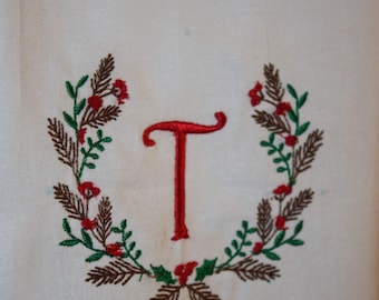 Personalized Christmas Wreath Embroidered Tea Towel