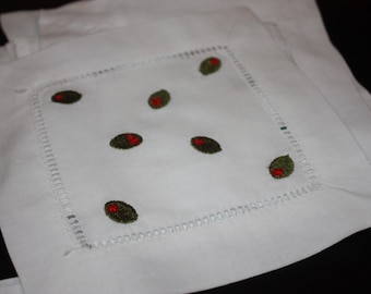 Olives Embroidered Linen Cocktail Napkins Set of 4 – Handmade Bar Cart Accessories – Gift Ready