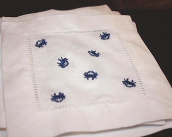 Blue Crab Embroidered Cocktail Napkins Linen- Set of 4