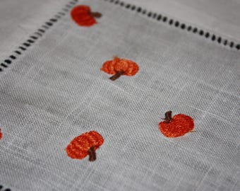 Pumpkins Embroidered Linen Cocktail Napkins Set of 4 – Handmade Bar Cart Accessories – Gift Ready