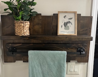 Rustic Wooden Towel Holder Shelf | Farmhouse Bathroom Organizer with Industrial Pipe Bar
