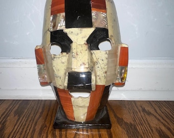 Sculpture de masque cérémoniel mexicain vintage en ormeau de style maya aztèque