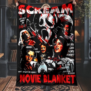 May include: A black fleece blanket featuring the Scream movie logo in red and white, the Ghostface mask, and various character portraits. Text includes Do you want to die?, Mmmm... corn syrup, Do you like scary movies?, and Don't answer the phone.