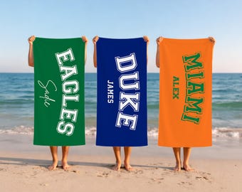 Personalized College Beach Towel, Custom Beach Towel, School Spirit Custom Name Towel, College Gift College Graduation Gift University Towel