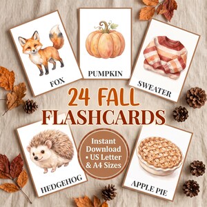 Könnte beinhalten: Ein Set aus 24 Herbst-Lernkarten mit Aquarellillustrationen von einem Fuchs, Kürbis, Pullover, Igel und Apfelkuchen mit passenden Beschriftungen. Der zentrale Text lautet 24 FALL FLASHCARDS, Instant Download, US Letter & A4 Sizes.