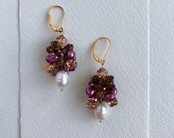 Pearl Earrings with genuine Swarovski Crystals, Bridal earrings, Statement earrings, Freshwater pearl earrings