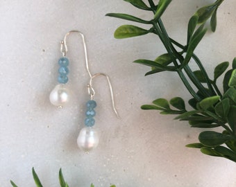 Crystal with freshwater pearl drop earrings, pearl dangle earrings, blue crystals with freshwater pearl earrings