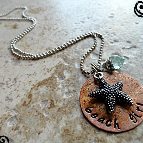 Beach Girl Necklace Hand Stamped Copper & Starfish with Blue Topaz Charm Necklace