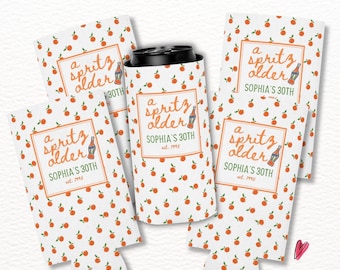 Aperol Spritz Birthday Can Coolers, Custom Milestone Party Favors