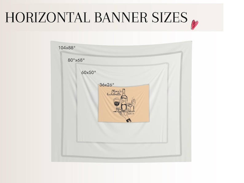 K&ouml;nnte beinhalten: Bild mit horizontalen Bannergr&ouml;&szlig;en: 264x224 cm, 203x173 cm, 152x127 cm und 91x66 cm. Das kleinste Banner hat einen pfirsichfarbenen Hintergrund mit einer schwarzen Illustration einer Weinflasche, Gl&auml;sern und dem Text "Ohone's bachelorette".