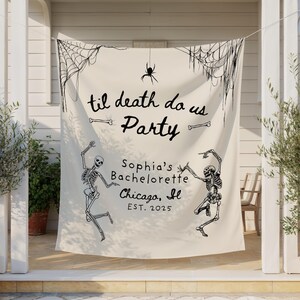 Sfondo per addio al nubilato "Finché morte non ci separi", striscione "Sposa o muori", decorazione per Halloween con scheletro gotico, cartello spettrale per festa nuziale