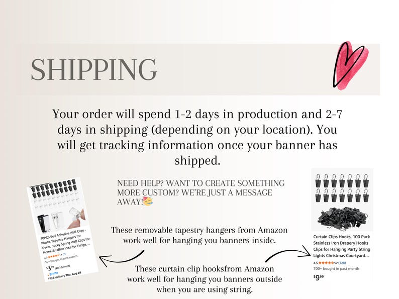 May include: Image with text about shipping details, including production and shipping times. It also shows examples of removable tapestry hangers and curtain clip hooks, with text indicating their use for hanging banners.