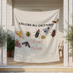 Calling All Critters 3rd Birthday Banner, Bug Theme Party Decor, Personalized Name Banner, Three Year Old Birthday, Insect Party Backdrop
