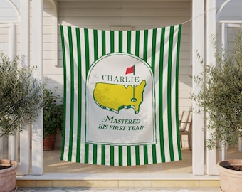Golf First Birthday Banner, Masters Theme Party Decor, One Year Old  Backdrop, Personalized Baby Name Golf Theme,Preppy Green Striped Banner