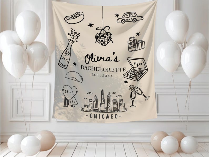 May include: A beige fabric backdrop with black line art illustrations for a bachelorette party. The design includes a hot dog, champagne bottle, taxi, luggage, pizza, and Chicago skyline. White balloons are arranged around the backdrop.