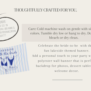 May include: A lakeside-themed banner with blue and white stripes. The banner features a bikini graphic and the text "Lakeside with the bride." It is made of polyester and is suitable for photos and decor.