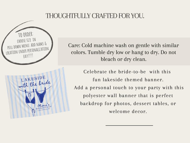 May include: A lakeside-themed banner with blue and white stripes. The banner features a bikini graphic and the text "Lakeside with the bride." It is made of polyester and is suitable for photos and decor.