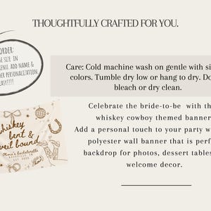 May include: A beige polyester wall banner with a whiskey cowboy theme. The banner features illustrations of a cowboy hat, horseshoe, and a bottle of whiskey. Text on the banner reads "whiskey bent & veil bound".