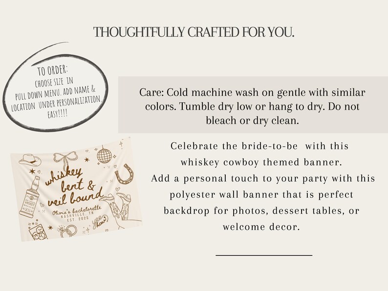 May include: A beige polyester wall banner with a whiskey cowboy theme. The banner features illustrations of a cowboy hat, horseshoe, and a bottle of whiskey. Text on the banner reads "whiskey bent & veil bound".