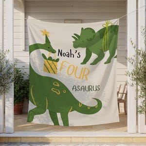 Fourasaurus födelsedagsbanderoll, dinosaurie 4-års födelsedagsdekor, personlig dinosauriefestbakgrund