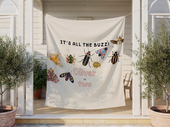 Bug Theme 2nd Birthday Banner, Personalized Name Backdrop, Insect Party Decor