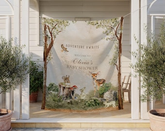 Adventure Awaits Woodland Animals Baby Shower Backdrop, Forest Animal Banner, Rustic Mountain Baby Décor and Theme, Let the Adventure Begin