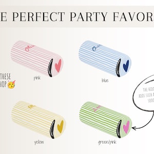 May include: Four cylindrical can coolers featuring vertical stripes in pink, blue, yellow, and green. Each cooler displays a small heart icon on the side and a name written in script. Text reads: THE PERFECT PARTY FAVORS!!! and FIND THESE IN MY SHOP.