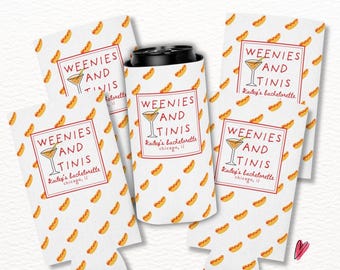 May include: A black can cooler surrounded by four flat white can cooler sleeves. Each features a repeating pattern of small hot dogs and a central red-bordered box with the text "WEENIES AND TINIS Kailey's bachelorette chicago, il" and a martini glass illustration.