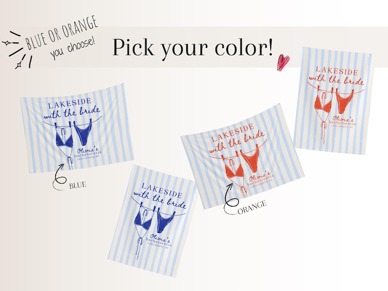 May include: Four cards with a blue and white striped background feature a bikini design and the text "Lakeside with the Bride." The text "Blue or Orange, you choose!" is at the top. The cards are for a bachelorette party.